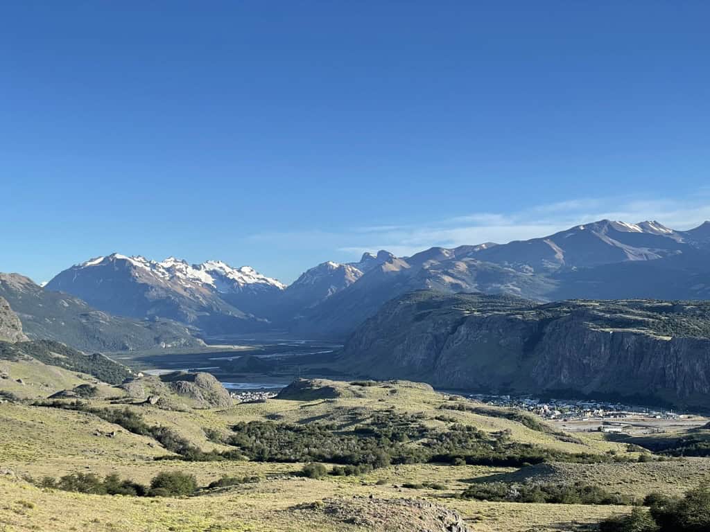 Beautiful picture of green grass, El Chalten and mountains of Patagonia